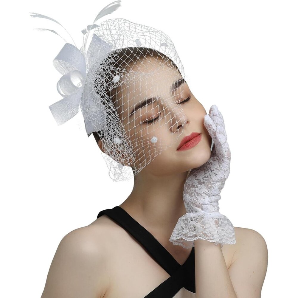 Mesh Feather Fascinators Hat Tea Party - white